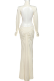 Light Apricot Elegant Solid Color Backless Ruched Turtleneck Evening Dresses