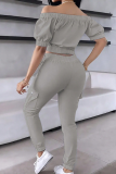 Silver Gray Casual Solid Color Zipper Off Shoulder Short Sleeve Two Pieces