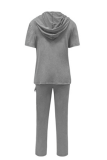 Red Casual Solid Color Pocket Hooded Short Sleeve Two Pieces