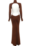 Light Apricot Elegant Solid Color Backless Ruched Turtleneck Evening Dresses