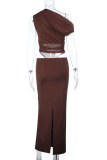 Brown Elegant Solid Color Mesh Oblique Collar Long Dresses