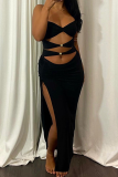 Black Sexy Solid Color Hollow Out Slit Halter Long Dresses