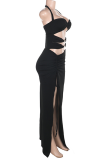 Black Sexy Solid Color Hollow Out Slit Halter Long Dresses