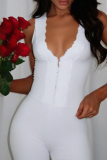 White Sexy Solid Color Lace Deep V Neck Skinny Rompers