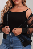 Black Casual Solid Color Mesh Zipper Zipper Collar Plus Size Overcoat