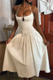 Cream White Elegant Solid Color Backless Strap Design Halter Long Dresses