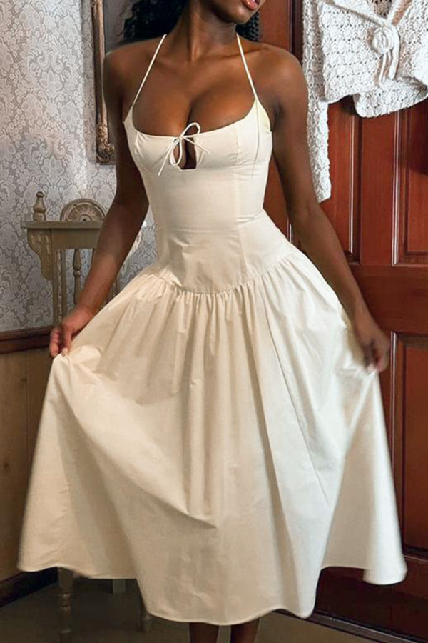 Cream White Elegant Solid Color Backless Strap Design Halter Long Dresses