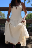 Cream White Elegant Solid Color Backless Strap Design Halter Long Dresses