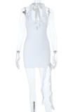 White Sexy Solid Color Flounce Deep V Neck Wrapped Skirt Dresses