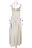 Cream White Elegant Solid Color Backless Strap Design Halter Long Dresses