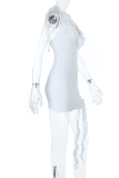 White Sexy Solid Color Flounce Deep V Neck Wrapped Skirt Dresses