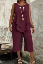 Maroon Casual Solid Color Patchwork O Neck Plus Size Two Pieces
