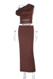 Brown Elegant Solid Color Mesh Oblique Collar Long Dresses