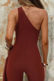 Red Casual Solid Color Hollow Out Oblique Collar Bodycon Jumpsuits