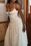 Cream White Elegant Solid Color Backless Strap Design Halter Long Dresses