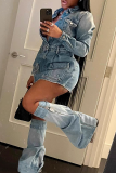 Blue Casual Solid Color Pocket Buckle Turndown Collar Long Sleeve Three Pieces