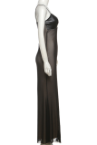 Black Sexy Solid Color Backless Mesh Spaghetti Strap Evening Dresses