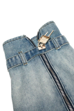 Blue Casual Solid Color Pocket Buckle Turndown Collar Long Sleeve Three Pieces