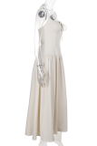 Cream White Elegant Solid Color Backless Strap Design Halter Long Dresses