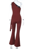 Red Casual Solid Color Hollow Out Oblique Collar Bodycon Jumpsuits