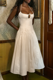 Cream White Elegant Solid Color Backless Strap Design Halter Long Dresses