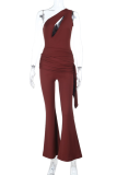 Red Casual Solid Color Hollow Out Oblique Collar Bodycon Jumpsuits