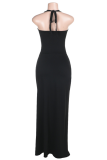 Black Sexy Solid Color Hollow Out Slit Halter Long Dresses