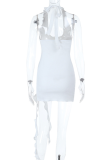 White Sexy Solid Color Flounce Deep V Neck Wrapped Skirt Dresses