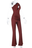 Red Casual Solid Color Hollow Out Oblique Collar Bodycon Jumpsuits