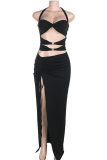 Black Sexy Solid Color Hollow Out Slit Halter Long Dresses
