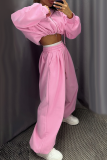 Pink Casual Solid Color Zipper Hooded Long Sleeve Two Pieces