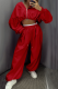 Red Casual Solid Color Zipper Hooded Long Sleeve Two Pieces