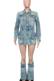 Blue Casual Solid Color Pocket Buckle Turndown Collar Long Sleeve Three Pieces