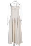 Cream White Elegant Solid Color Backless Strap Design Halter Long Dresses