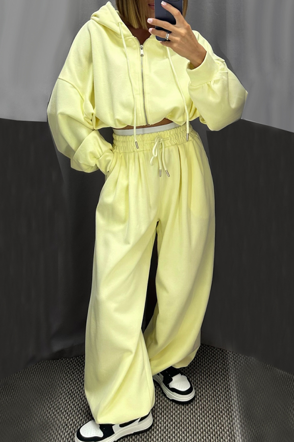 Yellow Casual Solid Color Zipper Hooded Long Sleeve Two Pieces