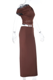 Brown Elegant Solid Color Mesh Oblique Collar Long Dresses