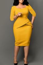 Earth Yellow Office lady Solid Color Patchwork Square Neck Pencil Skirt Dresses