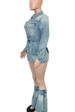 Blue Casual Solid Color Pocket Buckle Turndown Collar Long Sleeve Three Pieces