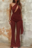 Red Casual Solid Color Hollow Out Oblique Collar Bodycon Jumpsuits