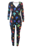 Black And White Casual Print Buttons V Neck Skinny Jumpsuits