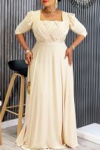 Apricot Elegant Solid Color Ruched Square Neck Long Plus Size Dresses