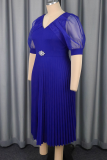 Blue Elegant Solid Color Pleated V Neck Evening Dresses
