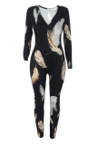 Black And White Casual Print Buttons V Neck Skinny Jumpsuits