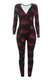 Black And White Casual Print Buttons V Neck Skinny Jumpsuits