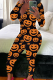 Orange Black Casual Print Buttons V Neck Skinny Jumpsuits