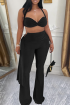 Black Sexy Solid Color Backless Halter Sleeveless Two Pieces
