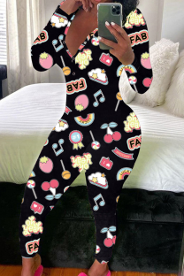 Multicolor Casual Print Buttons V Neck Skinny Jumpsuits