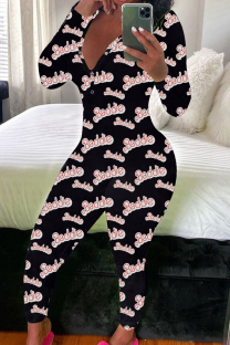 Black Pink Casual Print Buttons V Neck Skinny Jumpsuits