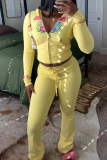 Yellow Casual Print Zipper Hooded Long Sleeve Three Pieces