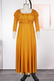 Yellow Elegant Solid Color Ruched Square Neck Long Plus Size Dresses